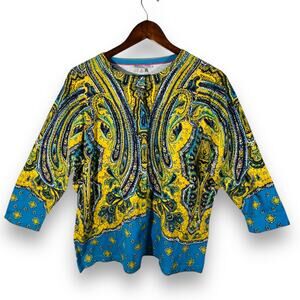Isaac Mizrahi Blue Yellow Paisley Sweater Cardigan 3/4 Sleeve XL